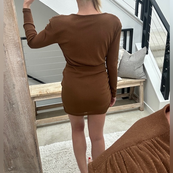 Lelis Rust Brown Plunging V-Neck Long Sleeve Mini Dress Bodycon Trendy Holiday S - Picture 6 of 13